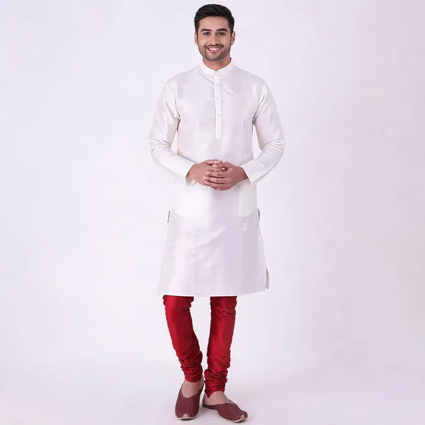 White_Art_Silk_Straight_Fit_Kurta_For_Men