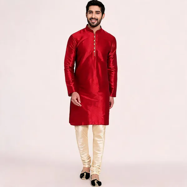 Red_Art_Silk_Straight_Kurta_Set_For_Men
