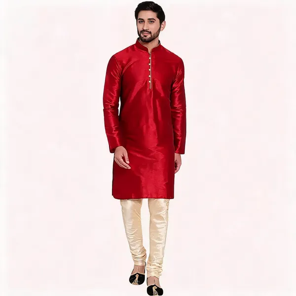 Red_Art_Silk_Straight_Kurta_Set_For_Men