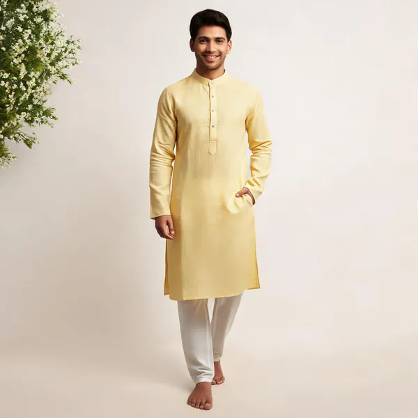 Yellow_Linen_Cotton_Straight_Solid_Kurta_For_Men