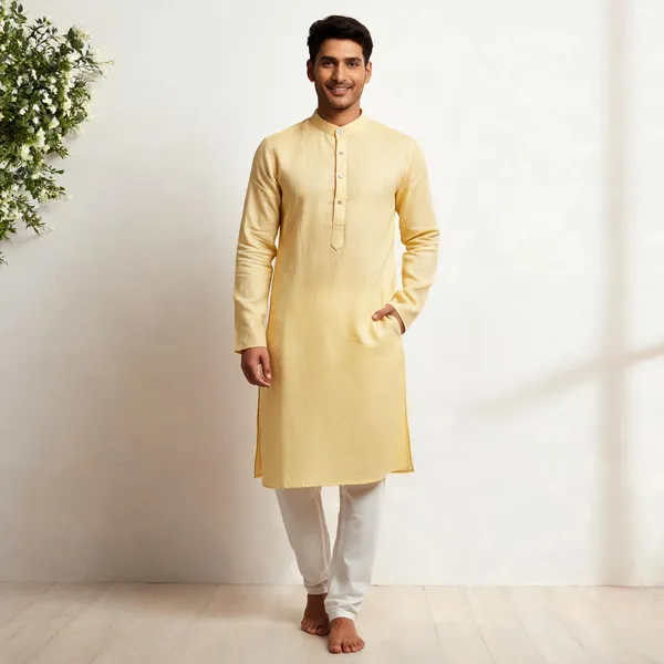 Yellow_Linen_Cotton_Straight_Solid_Kurta_For_Men