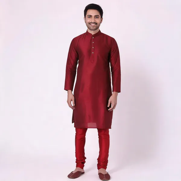 Maroon_Art_Silk_Straight_Kurta_Pajama_Set_For_Men