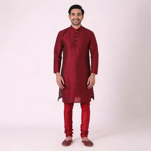 Maroon_Art_Silk_Straight_Kurta_Pajama_Set_For_Men