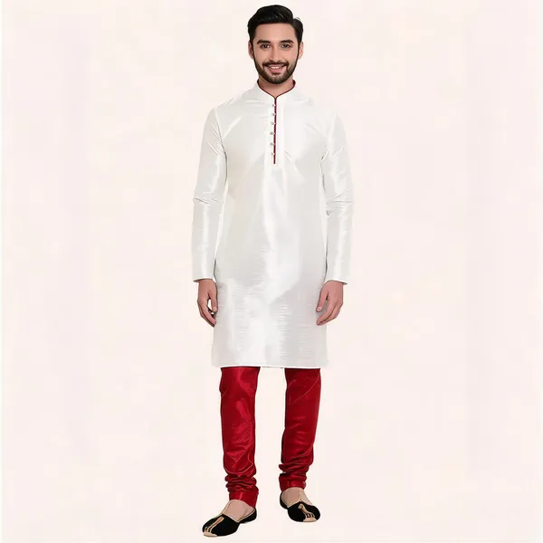 White_Art_Silk_Straight_Kurta_Pajama_Set_For_Men