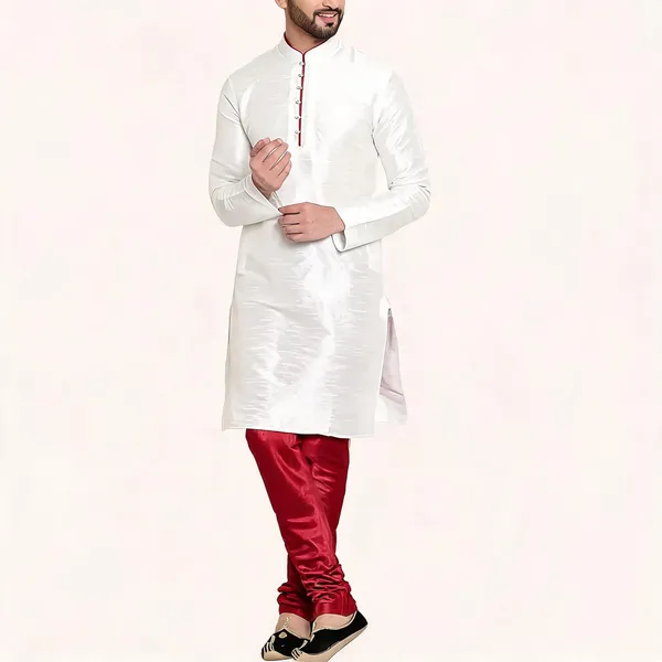 White_Art_Silk_Straight_Kurta_Pajama_Set_For_Men