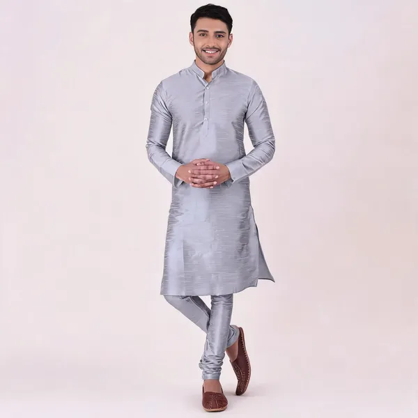 Grey_Art_Silk_Straight_Kurta_Pajama_Set_For_Men