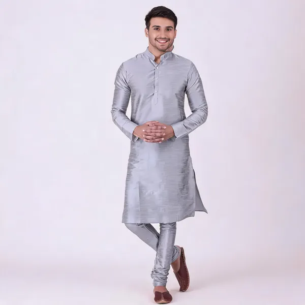 Grey_Art_Silk_Straight_Kurta_Pajama_Set_For_Men