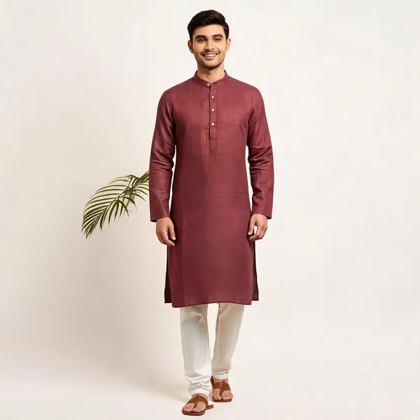 Maroon_Linen_Cotton_Straight_Textured_Kurta_For_Men