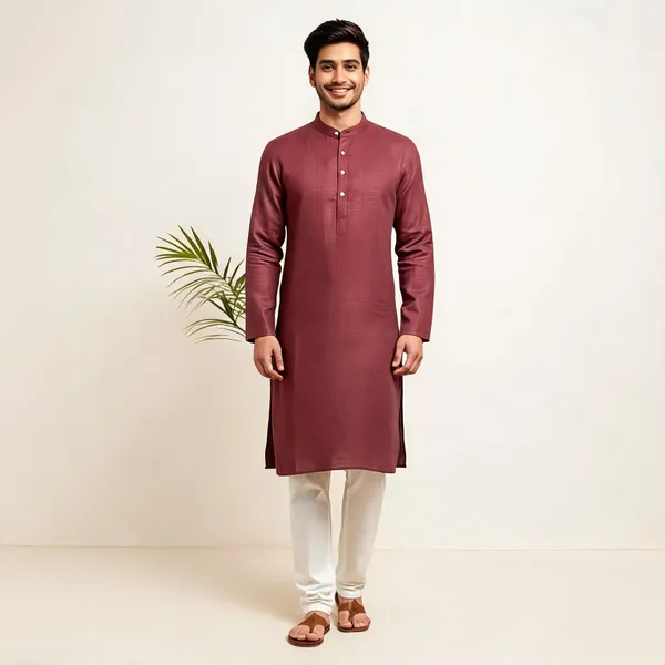 Maroon_Linen_Cotton_Straight_Textured_Kurta_For_Men