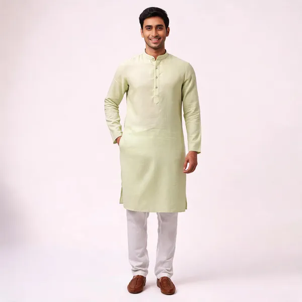 Pale_Green_Linen_Cotton_Straight_Solid_Kurta_For_Men