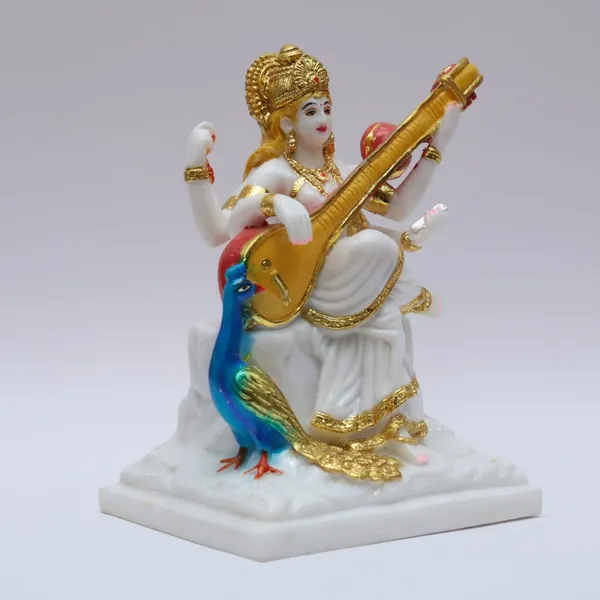 Gold_Plated_Saraswati_Idol_Mata_Devi_Murti_Marble_For_Home_Temple_Pooja_Room_Office_Table_Decoration_Gift_8_Inch