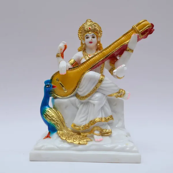 Gold_Plated_Saraswati_Idol_Mata_Devi_Murti_Marble_For_Home_Temple_Pooja_Room_Office_Table_Decoration_Gift_8_Inch