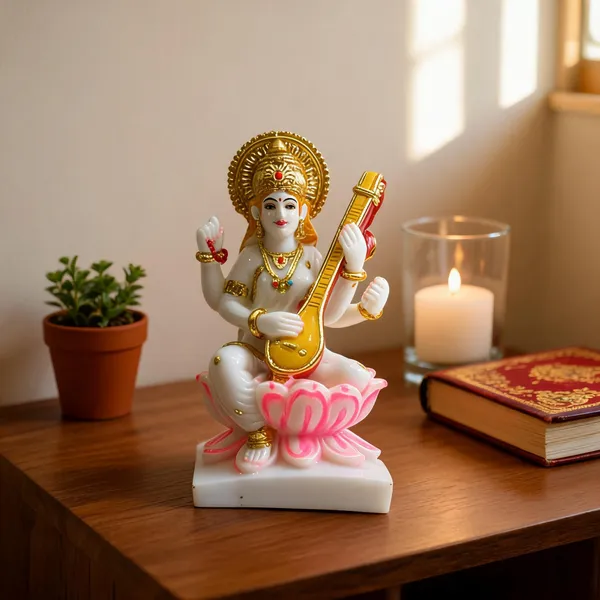 Gold_Plated_Cultured_Marble_Saraswati_Mata_Idol