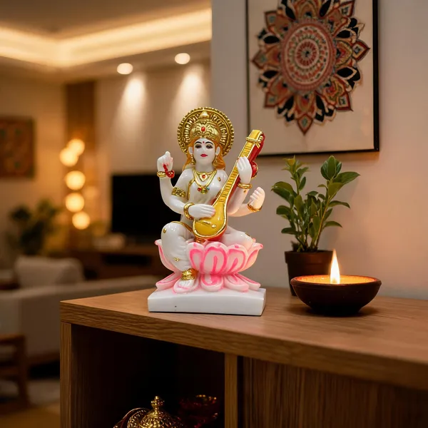 Gold_Plated_Cultured_Marble_Saraswati_Mata_Idol