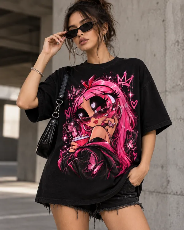 Black_Cotton_Oversized_Pink_Cartoon_Character_Graphic_T-Shirt_For_Women
