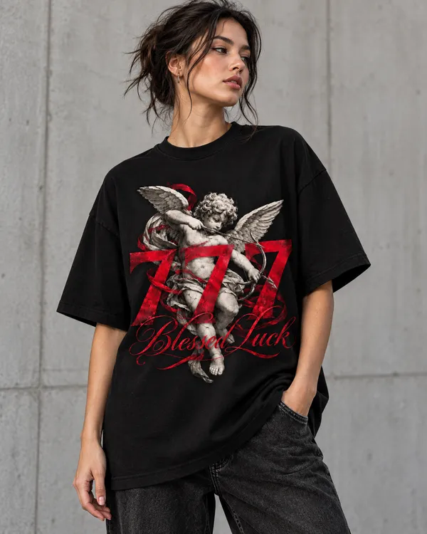 Black_Cotton_Oversized_Blessed_Luck_Cherub_Graphic_T-Shirt_For_Women