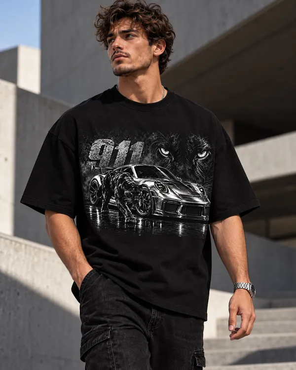 Black_Cotton_Oversized_Sports_Car_Panther_Graphic_T-Shirt_For_Men