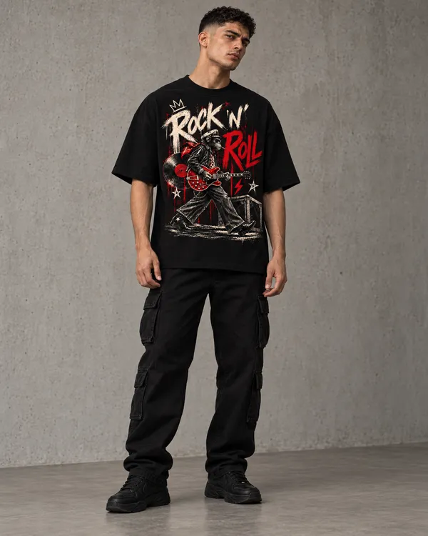 Black_Cotton_Relaxed_Fit_Rock_N_Roll_Graphic_T-Shirt_For_Men