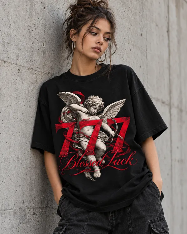 Black_Cotton_Oversized_Blessed_Luck_Cherub_Graphic_T-Shirt_For_Women