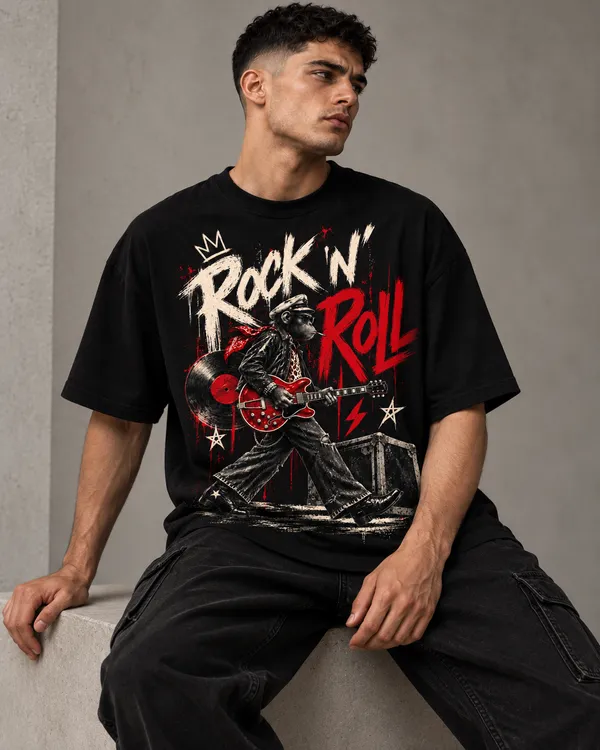 Black_Cotton_Relaxed_Fit_Rock_N_Roll_Graphic_T-Shirt_For_Men