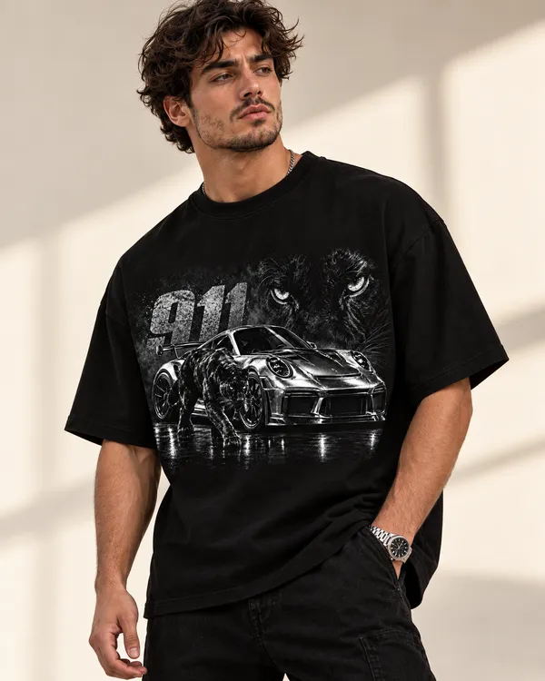 Black_Cotton_Oversized_Sports_Car_Panther_Graphic_T-Shirt_For_Men