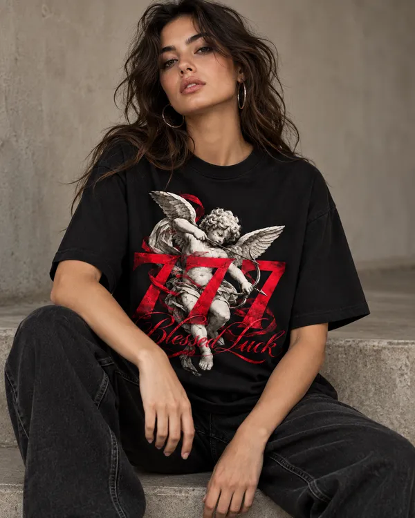 Black_Cotton_Oversized_Blessed_Luck_Cherub_Graphic_T-Shirt_For_Women