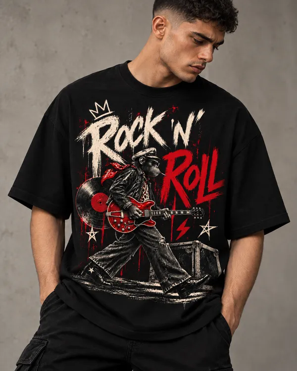 Black_Cotton_Relaxed_Fit_Rock_N_Roll_Graphic_T-Shirt_For_Men