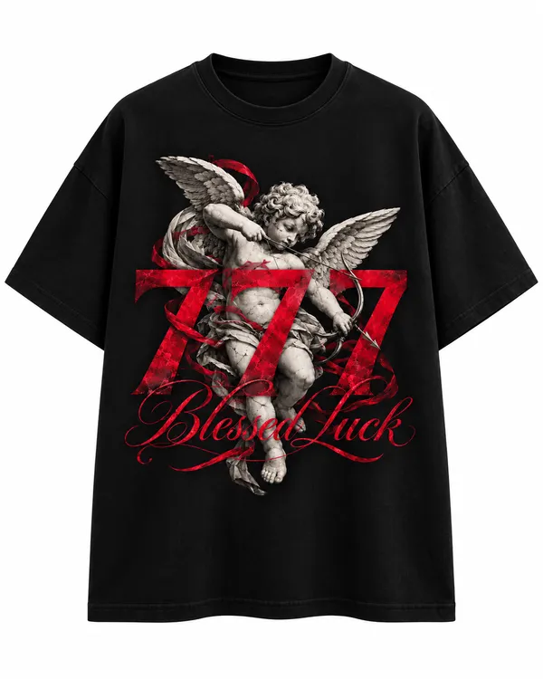 Black_Cotton_Oversized_Blessed_Luck_Cherub_Graphic_T-Shirt_For_Women