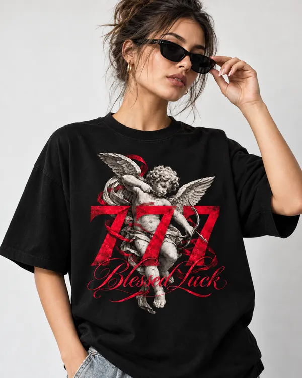 Black_Cotton_Oversized_Blessed_Luck_Cherub_Graphic_T-Shirt_For_Women