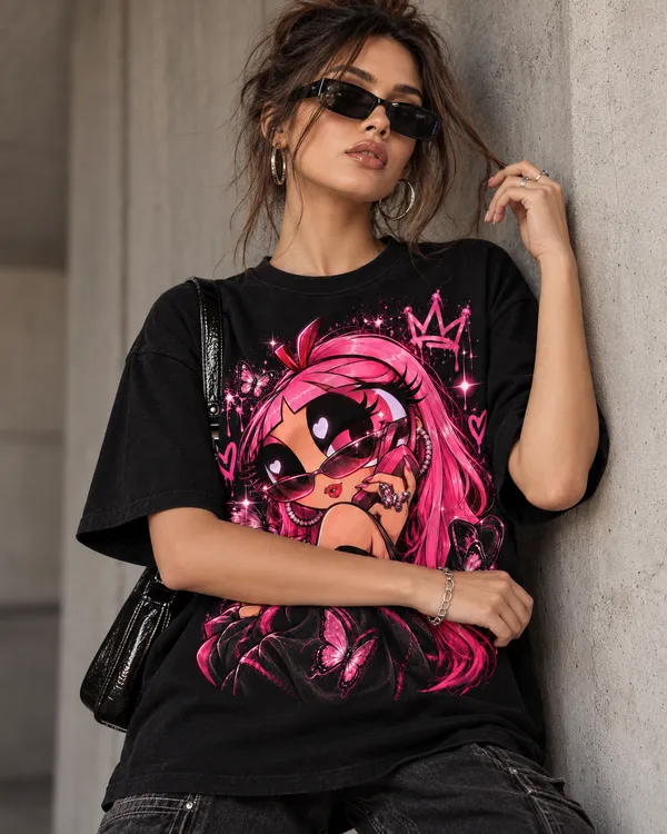 Black_Cotton_Oversized_Pink_Cartoon_Character_Graphic_T-Shirt_For_Women