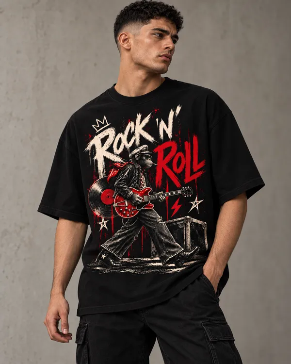 Black_Cotton_Relaxed_Fit_Rock_N_Roll_Graphic_T-Shirt_For_Men