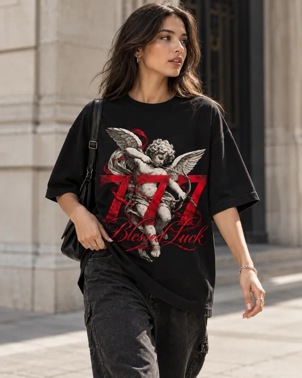 Black_Cotton_Oversized_Blessed_Luck_Cherub_Graphic_T-Shirt_For_Women