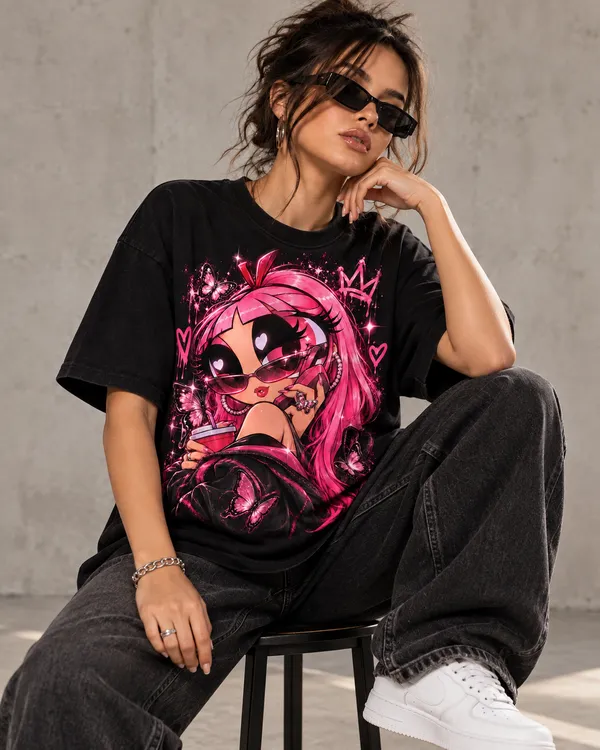 Black_Cotton_Oversized_Pink_Cartoon_Character_Graphic_T-Shirt_For_Women
