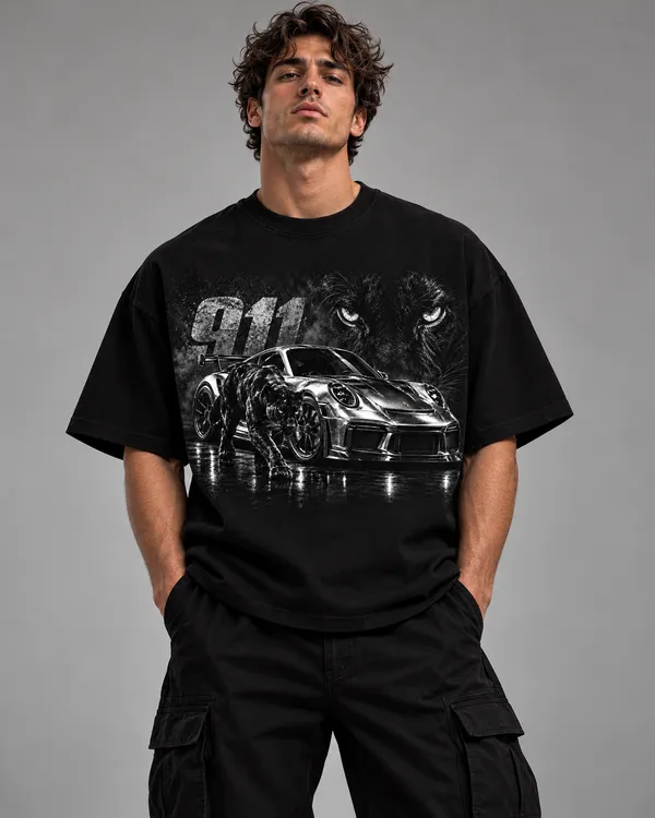 Black_Cotton_Oversized_Sports_Car_Panther_Graphic_T-Shirt_For_Men