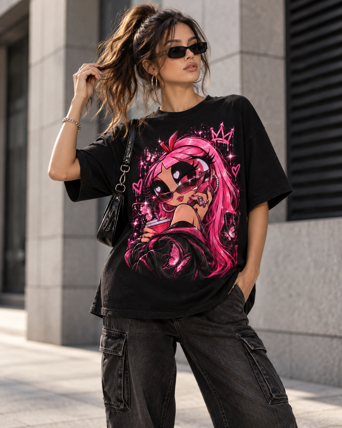 Black_Cotton_Oversized_Pink_Cartoon_Character_Graphic_T-Shirt_For_Women