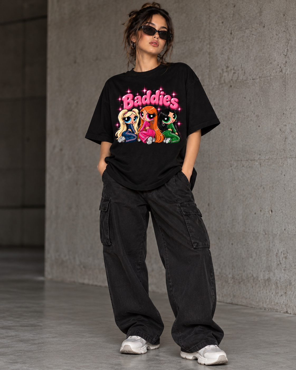 Black_Cotton_Oversized_Baddies_Character_Graphic_T-Shirt_For_Women