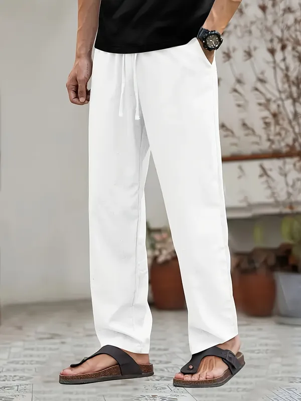 White_Drawstring_Relaxed_Fit_Trousers_For_Men