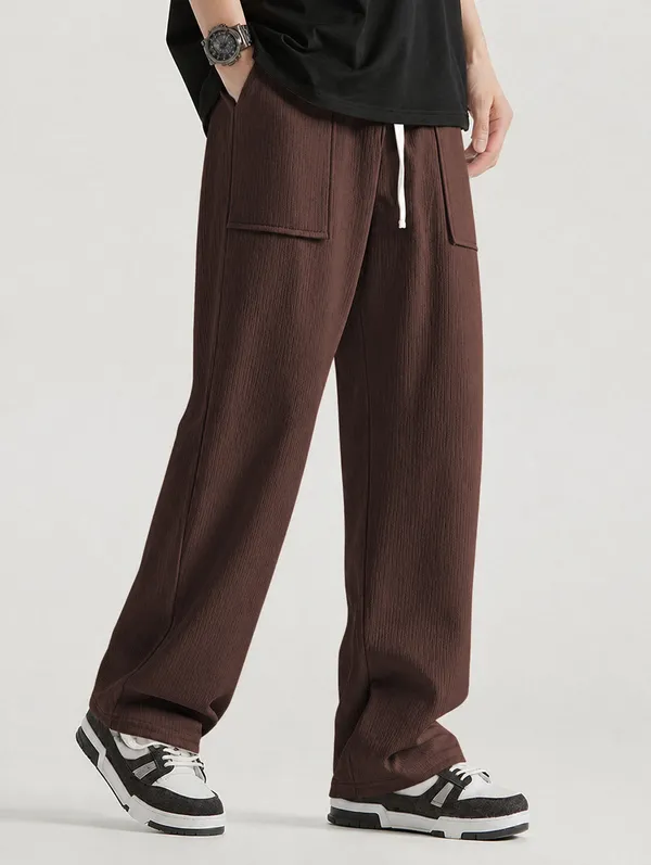 Brown_Textured_Wide_Leg_Cargo_Pants_For_Men