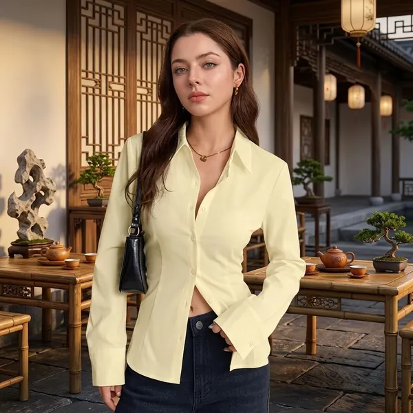 Yellow_Fitted_Button-Down_Peplum_Shirt_for_Women