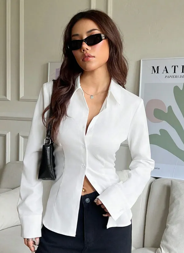 White_Fitted_Long_Sleeve_Lace-Up_Back_Shirt_for_Women