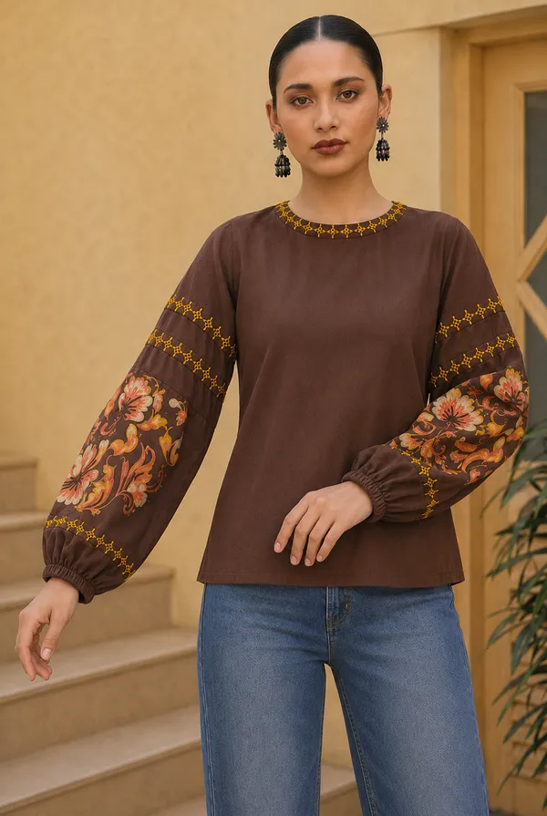 Brown_Floral_Print_Regular_Fit_Top_for_Women