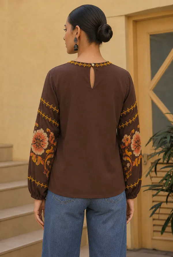 Brown_Floral_Print_Regular_Fit_Top_for_Women
