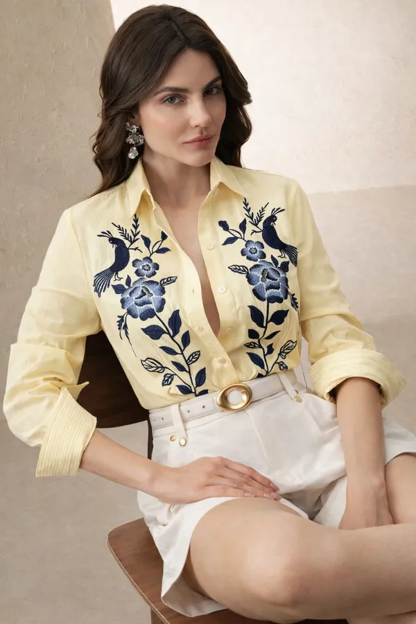 Yellow_Embroidered_Button_Down_Shirt_for_Women