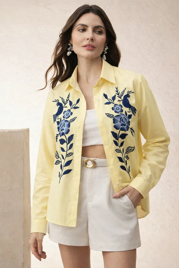Yellow_Embroidered_Button_Down_Shirt_for_Women
