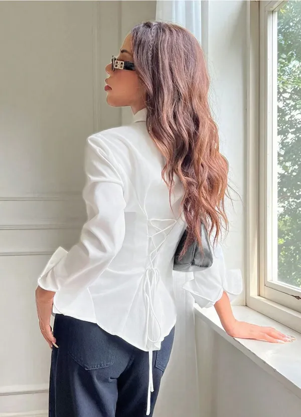 White_Fitted_Long_Sleeve_Lace-Up_Back_Shirt_for_Women