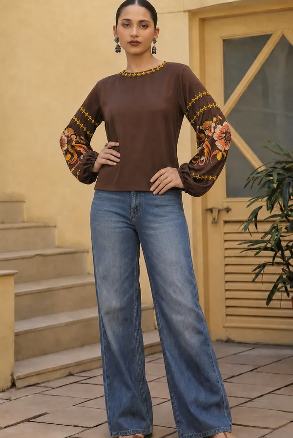 Brown_Floral_Print_Regular_Fit_Top_for_Women