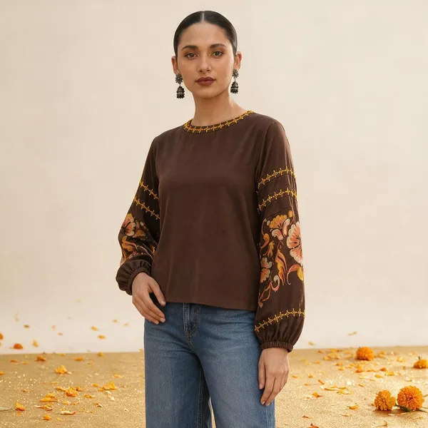 Brown_Floral_Print_Regular_Fit_Top_for_Women
