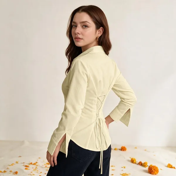 Yellow_Fitted_Button-Down_Peplum_Shirt_for_Women