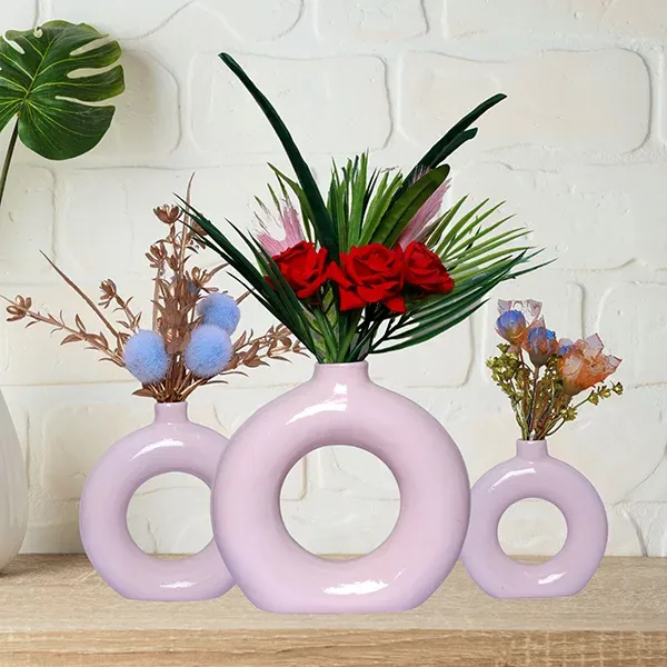 Donut_Shaped_Flower_Vases_For_Home_Decor_Set_Of_3_Light_Pink_Polyresin_8_Inch