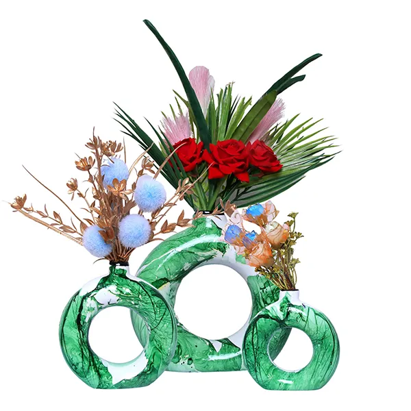 Donut_Shaped_Flower_Vases_For_Home_Decor_Set_Of_3_Green_Polyresin_8_Inch